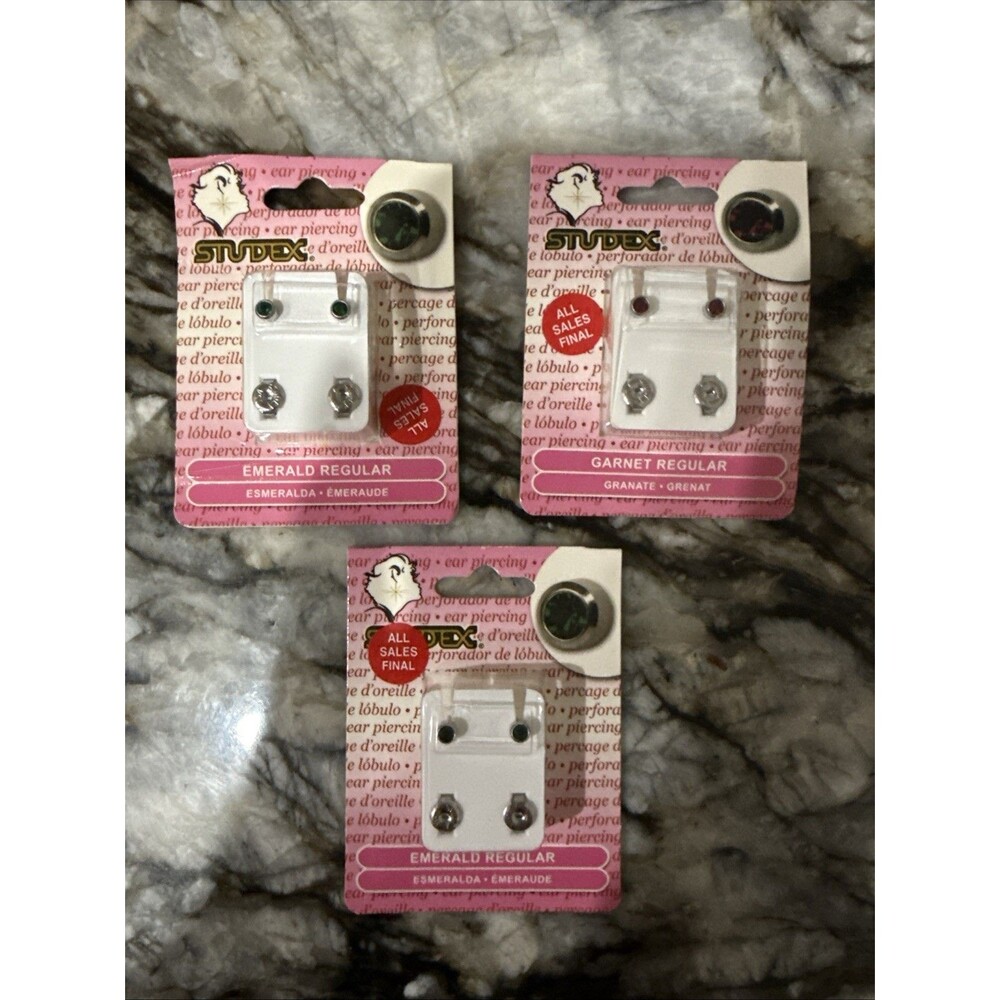 Lot Studex Ear Piercing Earrings ~ 2 Emerald & 1 Garnet Stainless Steel